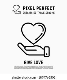 Hand holding heart thin line icon. Symbol of love, care and support each other. Pixel perfect, editable stroke. Vector illustration.