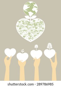 Hand holding a heart. The heart is a tree growing. Green city save earth concept. Hearts in city. Vector illustration