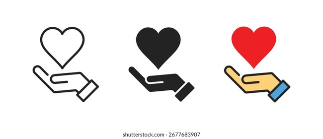 Hand, die das Herz hält, Vektorsymbol. Handsymbol für Herzpflege. Herz-in-Hand-Symbole, Gesundheitswesen, Spenden und Spenden