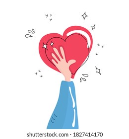 Hand holding heart vector illustration isolated on white background. Compassion and love. Romantic holiday symbol. Design element can be used as philanthropy, social aid, charity work etc.
