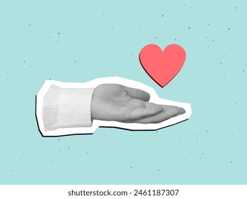 A hand holding a heart. Vector illustration in a modern collage style