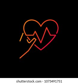 Hand holding heartbeat vector colored icon or symbol in thin line style on dark background