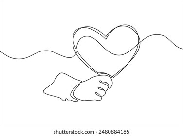 hand holding a heart.Continuous line drawing	