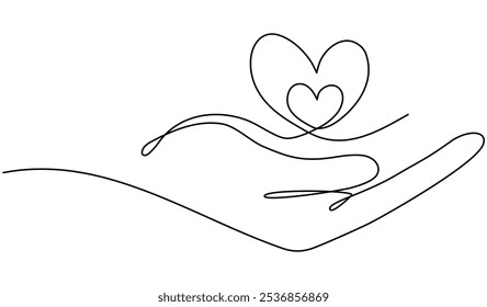 Hand holding hearts continuous line drawing. Family linear symbol. Motherhood sign. Vector illustration isolated on white.