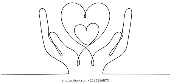 Hand holding hearts continuous line drawing. Family linear symbol. Motherhood sign. Vector illustration isolated on white.