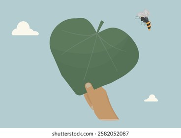 Hand Holding Heart-Shaped Leaf with honeybee and white clouds. Earth and environment day concept. Biodiversity concept. Environmental conservation. Flat style. Vector illustration