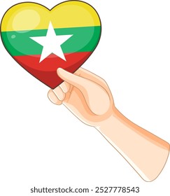 Hand holding a heart-shaped Myanmar flag illustration