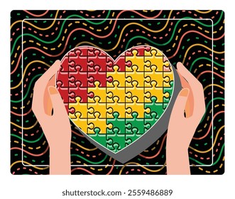 Hand holding a heart-shaped puzzle with colorful pieces. African-American History Month celebration with colorful pattern background. Black History Month concept. Flat vector illustration.