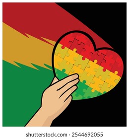 Hand holding a heart-shaped puzzle. Red, yellow, and green background. Black History Month concept. Flat vector illustration.
