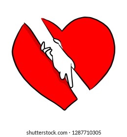 hand holding with help gesture in red heart shape sign background vector illustration sketch doodle hand drawn with black lines isolated on white background