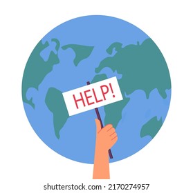Hand holding help sign near Earth globe. Person protecting nature and ecology of planet flat vector illustration. Global environmental protection concept for banner, website design or landing web page