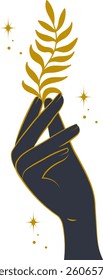 Hand holding herb sticker. Halloween alchemy witch icon. Aesthetic bohemian artwork. Witchcraft icon