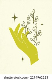 Hand holding herbs mystic printed wall art. Tarot card