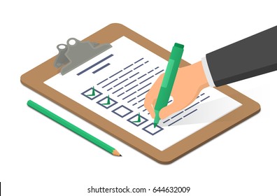 Hand holding highlighter checking list on clipboard accompanied by pencil. Isometric vector illustration