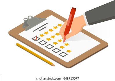 Hand holding highlighter over rating blank on clipboard accompanied by pencil. Isometric vector illustration