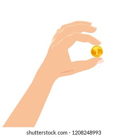 Hand holding in his hand gold coin. Business success, profit, finance, making money concept. Cartoon style design cartoon vector illustration on white background