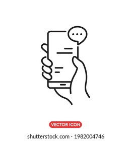 hand holding his phone icon, hand texting to someone on a message app, typing with a speech bubble, Editable stroke, vector illustration