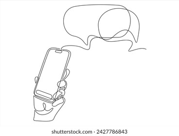 Hand hält sein Telefon-Symbol, Hand SMS an jemanden in einer Nachricht-App, Eingabe mit einer Sprechblase.Continuous Line Drawing	