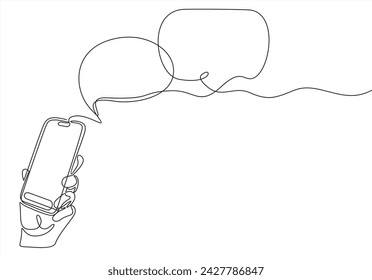 hand holding his phone icon, hand texting to someone on a message app, typing with a speech bubble.continuous line drawing	
