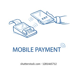 Hand holding his smart phone near card reader. Concept for mobile payment. Hand drawn blue line art cartoon vector illustration. 