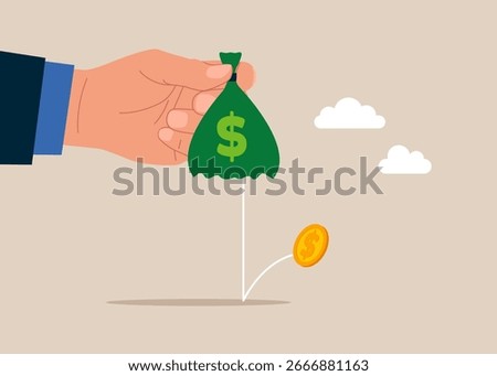 Hand holding hold empty money bag. Broke human. No dollar coins. Modern flat vector illustration