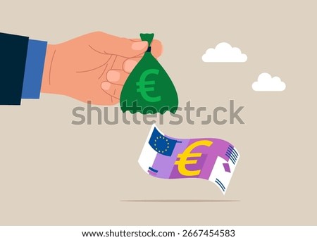 Hand holding hold empty money bag. Broke human. No euro money. Modern flat vector illustration