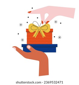 Hand holding holiday gift box. Giving and receiving Xmas present, surprise. Festive giftbox package in wrapping, ribbon, bow. Flat vector illustration isolated on white background. Christmas gift.