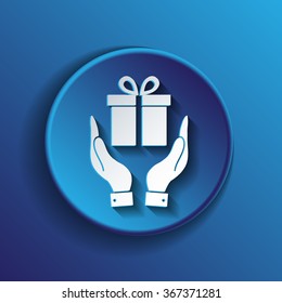 hand holding a Holiday Gift Box Icon. Vector illustration