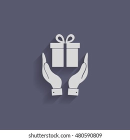 hand holding a Holiday Gift Box Icon. Vector illustration