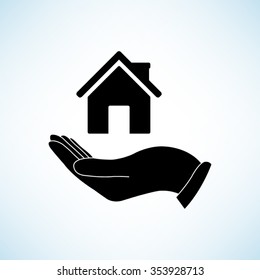 Hand holding home -  black vector icon