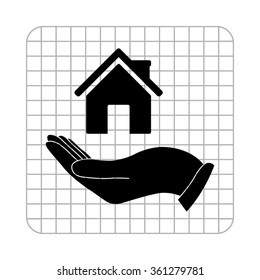 Hand holding home  - black vector icon