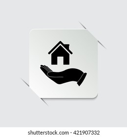 Hand holding home  - black vector icon
