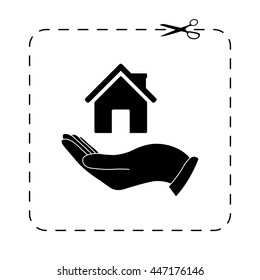Hand holding home  - black vector icon