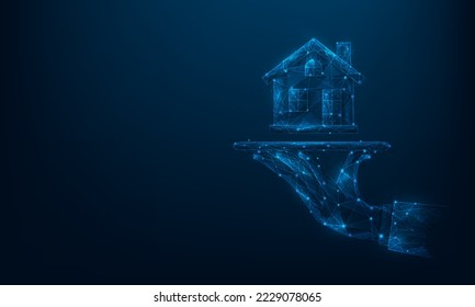 mano manteniendo la tecnología digital en fondo azul oscuro. los negocios compran el concepto de bienes raíces. diseño fantástico de ilustración vectorial. mercado de viviendas de esmalte de baja polilla. Préstamos bancarios e inmobiliarios.