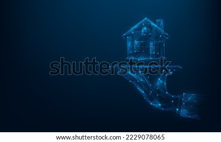 hand holding home digital technology on blue dark background. business buy real estate concept. vector illustration fantastic design. house trading low poly wireframe. Bank and home finance loans.