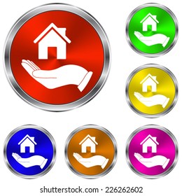 Hand holding home icon - vector glossy colourful buttons