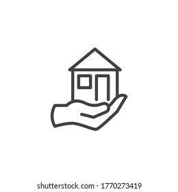 Hand Holding Home Line Icon. Linear Style Sign For Mobile Concept And Web Design. House In Hand Outline Vector Icon. Symbol, Logo Illustration. Vector Graphics