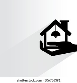 hand holding home on white background, flat and drop shadow theme