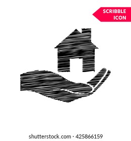Hand holding home. Scribble icon for you design.