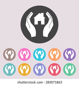 Hand holding home. Set of colored icons.
