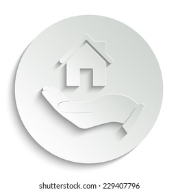 Hand holding home - vector icon with shadow on a round button