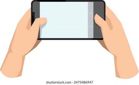 Hand holding horizontal phone, taking mobile photo. Making photograph with grid on smartphone screen. Using camera for shooting, recording video. Flat graphic illustration isolated on white background