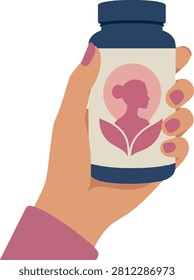 Hand holding hormone supplement bottle, close-up, health supplement, flat vector illustration