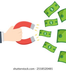 Hand holding horseshoe magnet to attract money vector illustrations