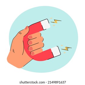 Hand holding horseshoe magnet. Person attracting inbound money investment and ideas flat vector illustration. Marketing technology, physics concept for banner, website design or landing web page