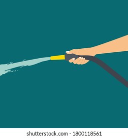 hand holding the hose is spraying water flat design vector illustration