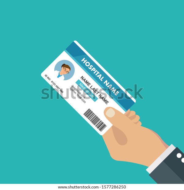 Hand holding the hospital id card. Vector\
illustration flat design.