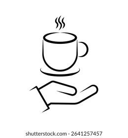 Hand Holding Hot Beverage Cup Line Art Icon with Swirling Steam. A minimalist black and white line art icon depicting a hand offering or holding a steaming hot beverage cup.