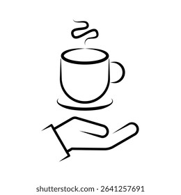 Hand Holding Hot Beverage Cup Line Art Icon with Swirling Steam. A minimalist black and white line art icon depicting a hand offering or holding a steaming hot beverage cup. vector illustration.