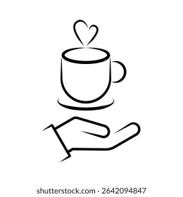 Hand Holding Hot Beverage Cup Line Art Icon with Swirling Steam. A minimalist black and white line art icon depicting a hand offering or holding a steaming hot beverage cup. vector illustration.